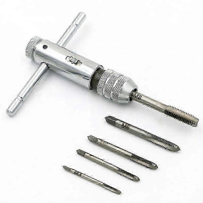 Adjustable Ratchet Wrench With T-handle - Silver - With M3-m8 Metric Thread - Hand Tapping Accessories, Silver, Six Pieces