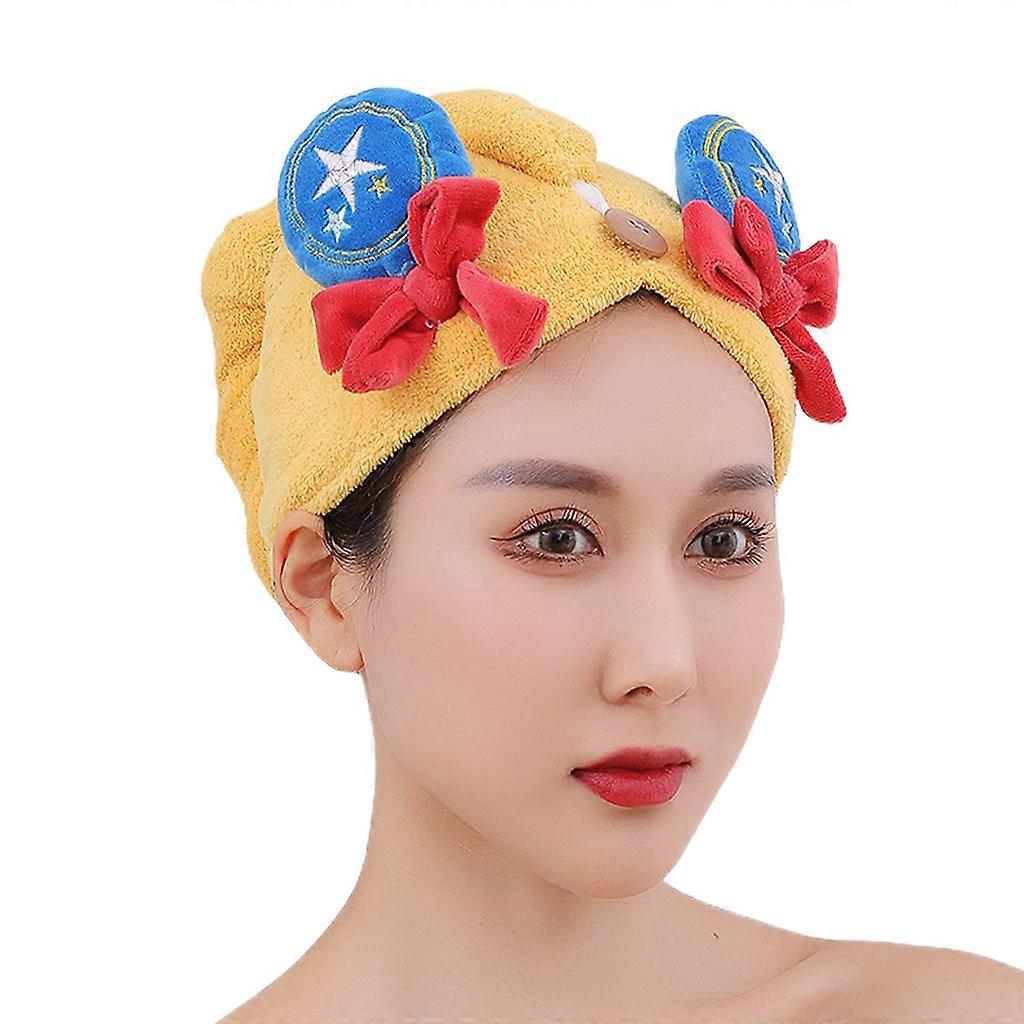 Super absorbant serviette de cheveux Turban Wrap Chapeau de douche à séchage rapide mignon avec bouton jaune