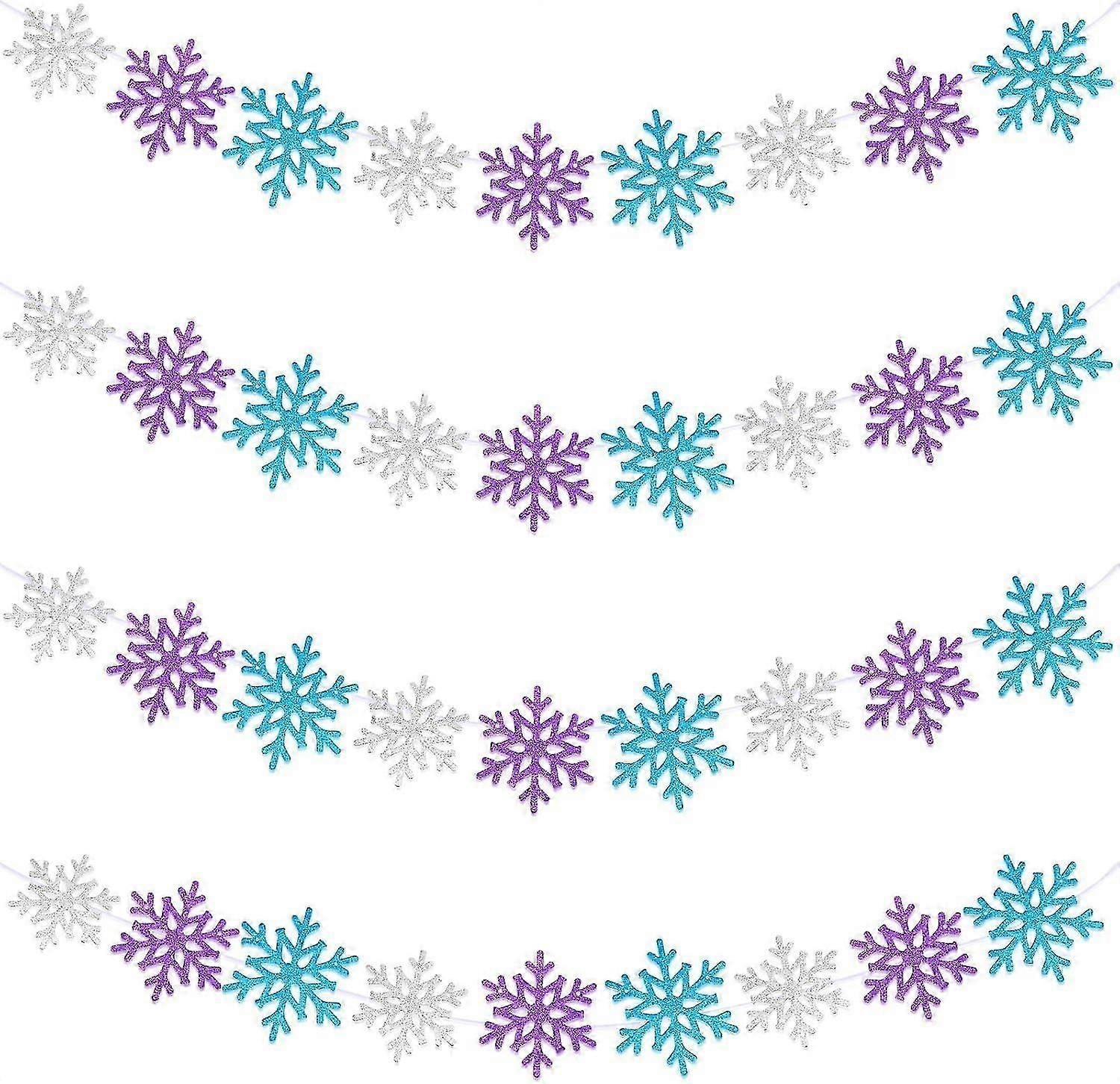unique 4 Pcs 10.33 ft Frozen Snow Banner Garland White Blue Purple Frozen Glitter