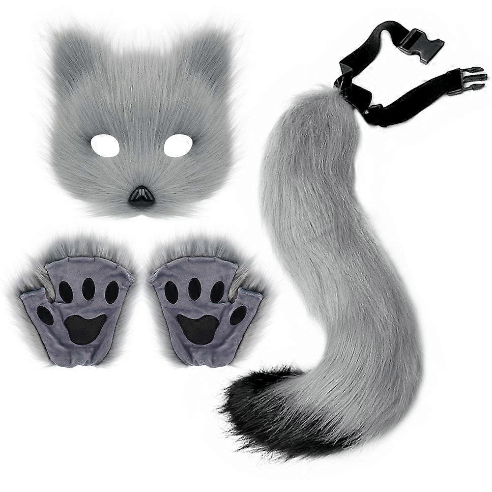 Halloween set simulation fox mask gloves plush fox tail hand-made animal tail cos props accessories.grey-jc