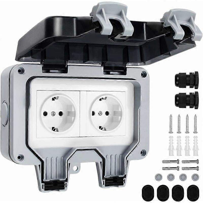 مقبس مزدوج مقاوم للماء مع صندوق تقاطع مقاوم للماء ، مقبس خارجي IP66 ، مقبس حائط مقاوم للغبار للمطبخ والحمام والمرآب وحمام السباحة وغار