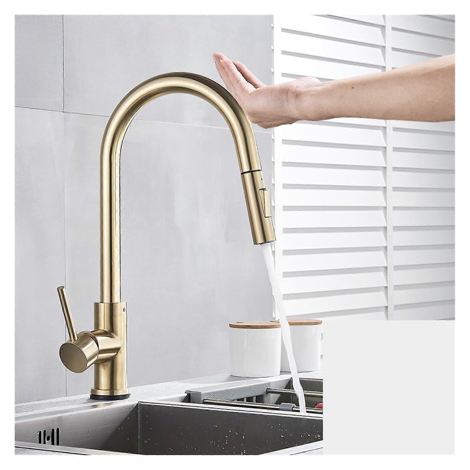 Brushed Smart Touch Kitchen Sensor 360 Degree Rotation Pull-Out Single Handle Mixer Faucet Two Water Supply Modes Sink Crane Hot and Cold(Brush Gold)