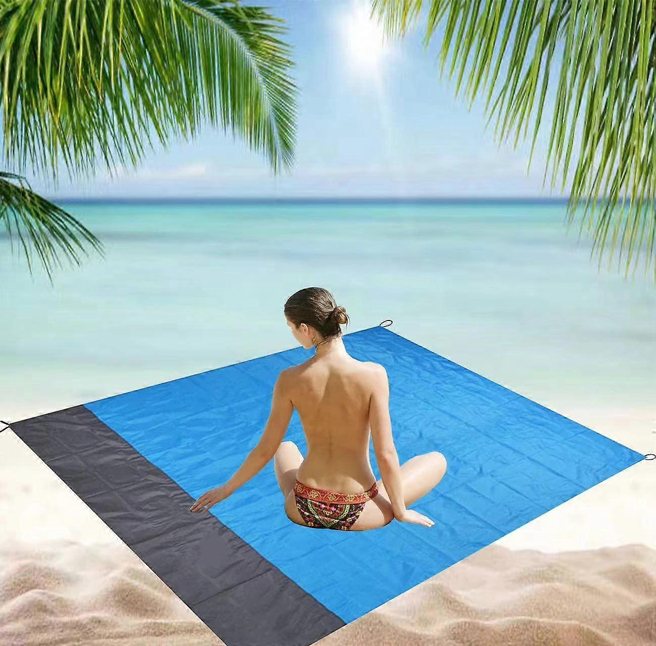 Sandsuz Beach Blanket - Large Sandproof Waterproof Mat with 4 Stakes and Carry Bag for Travel and Camping, Blue