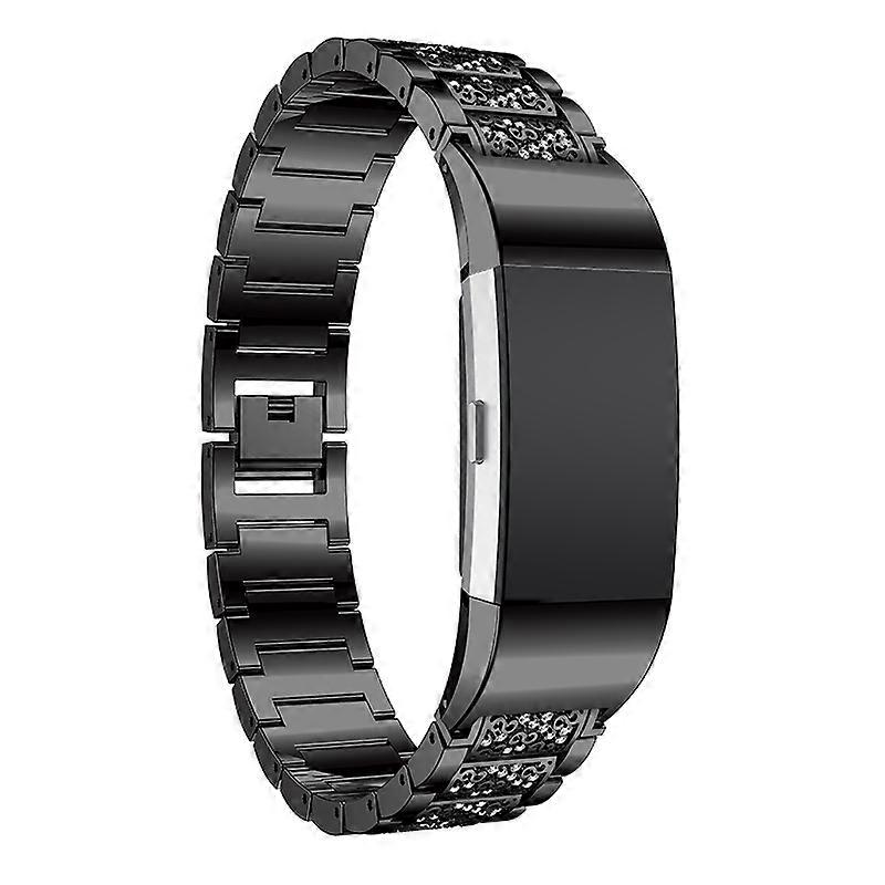 Diamond-studded Solid Stainless Steel Watch Band for Fitbit Charge 2(Black)
