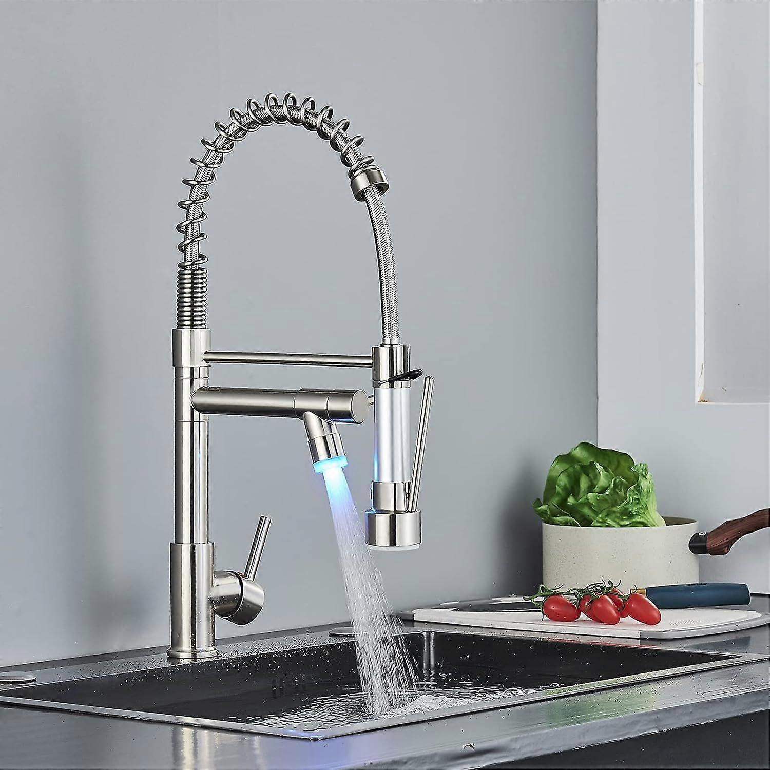 Commerical Kitchen Faucet with Pull Down Sprayer, Single Handle Kitchen Sink Faucet with LED Light 2 Spout