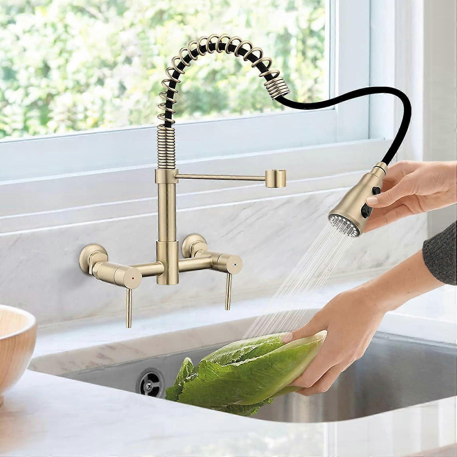 Wall Mounted Kitchen Faucet with Sprayer, Commercial Kitchen Sink Faucet, 2 Handles for Easy Control of Hot and Cold Water