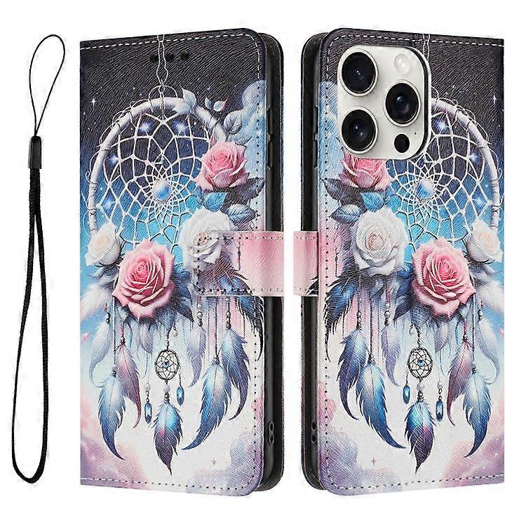 Pattern Printing PU Leather Wallet Phone Cover For iPhone 15 Pro Max Stand Case with Lanyard