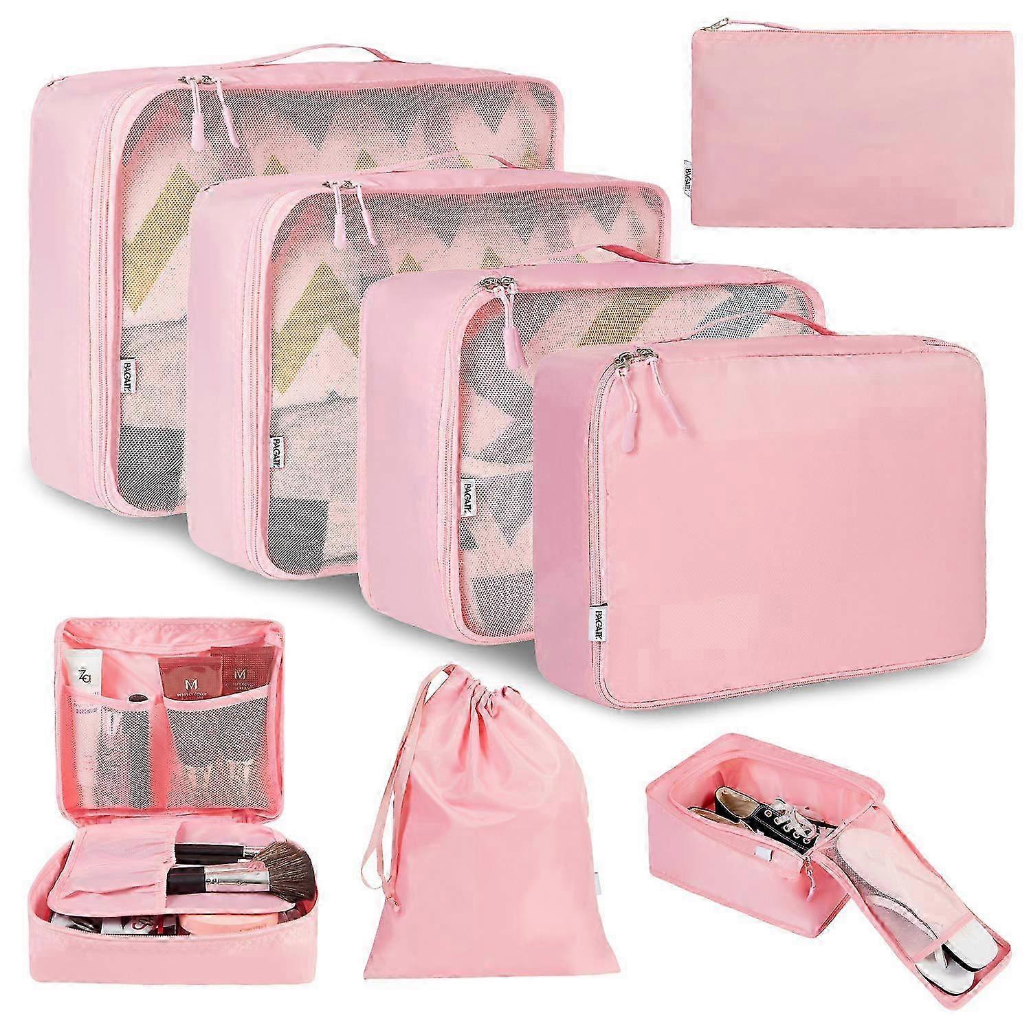 8 kpl:n kevyet matkapakkauskuutiot vaatteille ja hygieniatuotteille (kerma ja vaaleanpunainen)