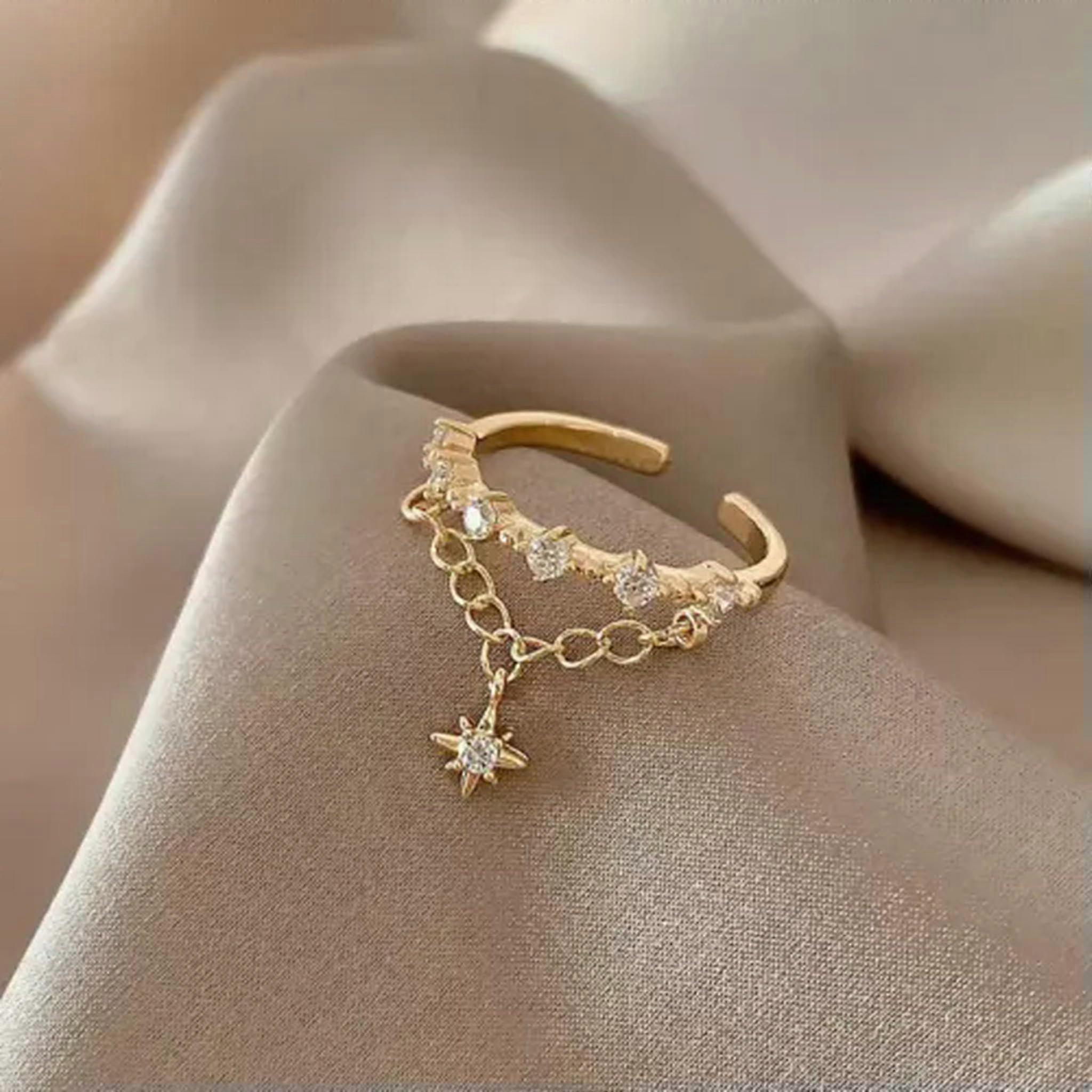 Geometric Chain Ring Star Shape Adjustable Open Finger Ring for Women in Silver Metal