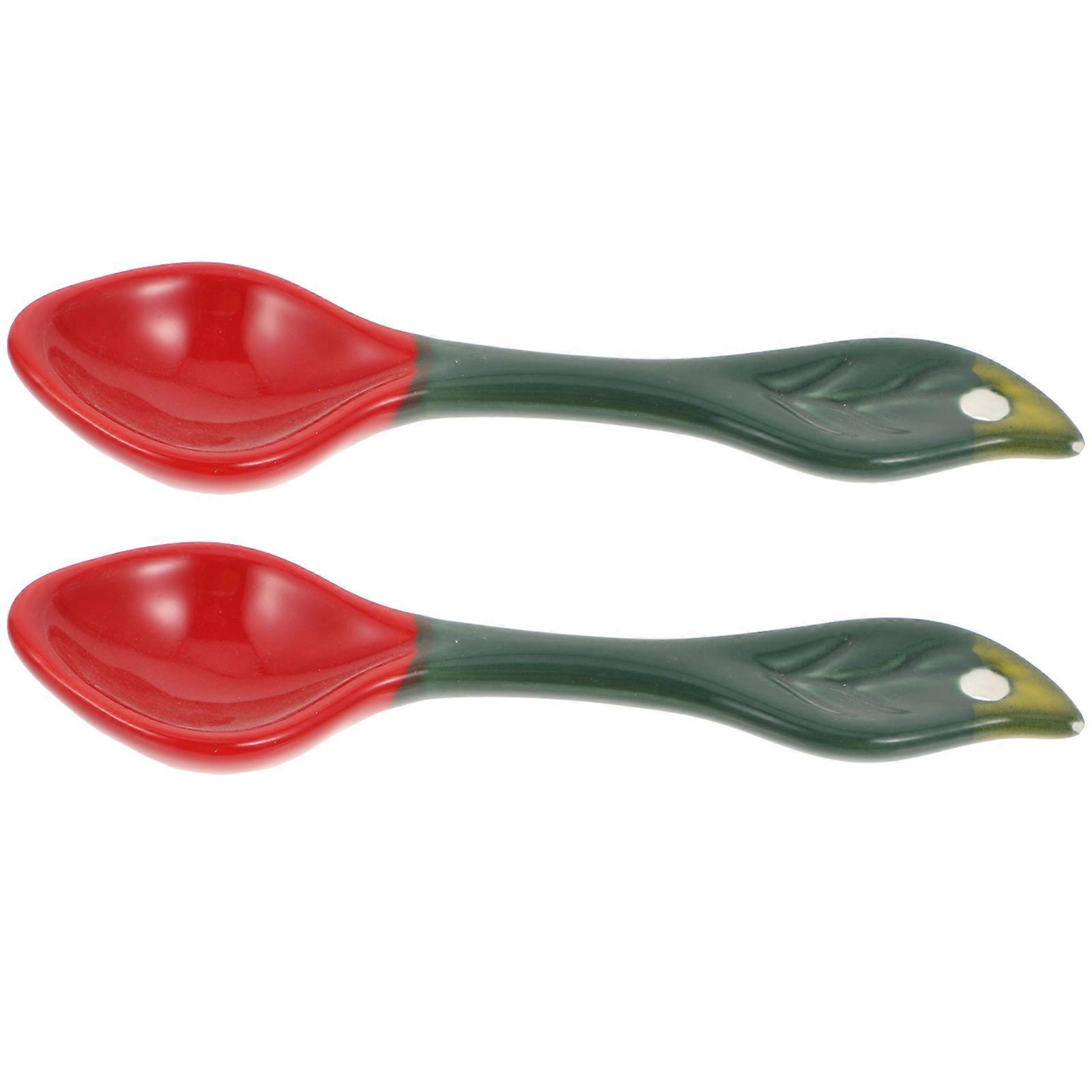 Adorable Strawberry Design Ceramic Spoons for Kids Use Red Color Safe and 2 Pcs