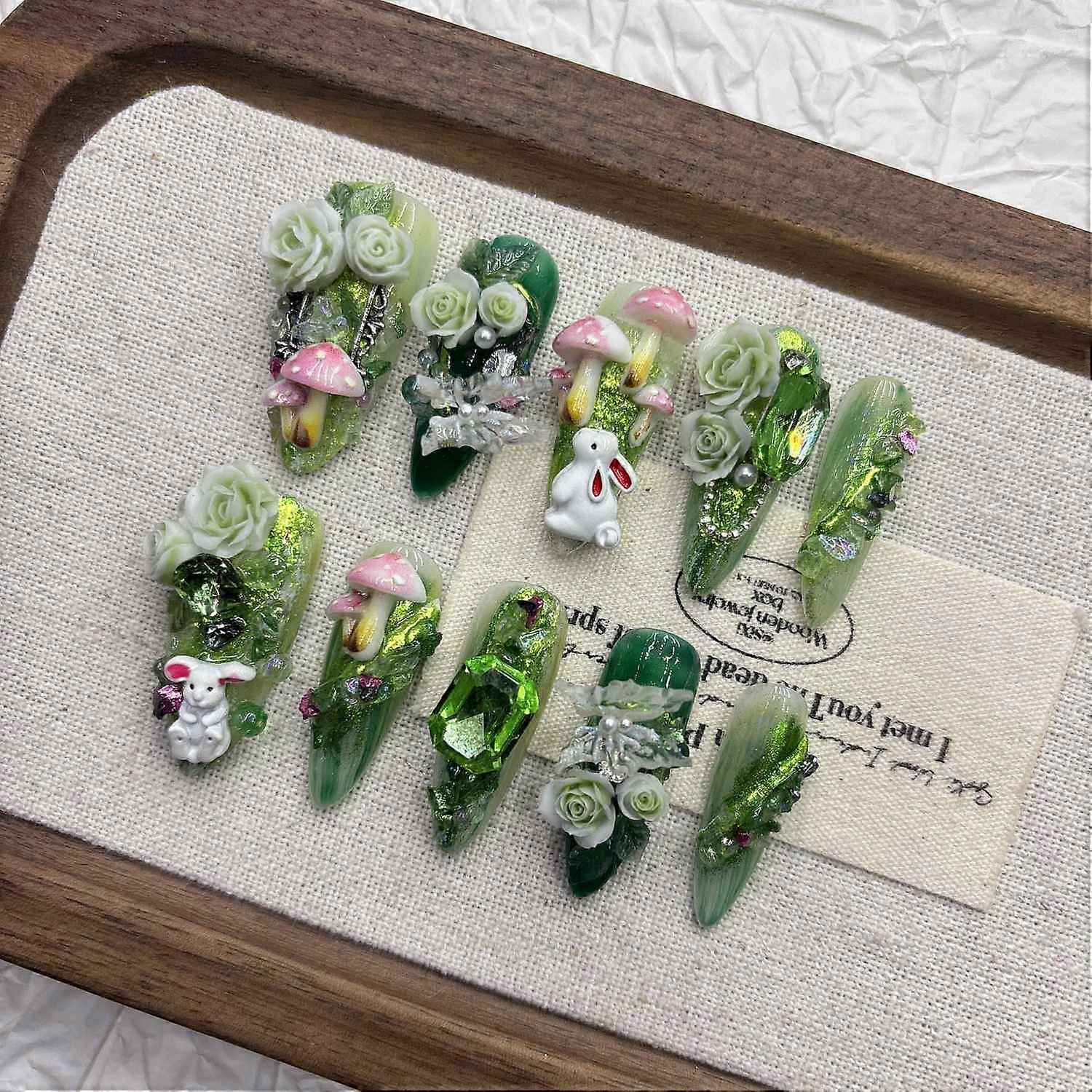 Green Bunny Press on Nails Cartoon Butterfly False Nails Art