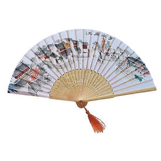 Folding Fan Floral Pattern Vintage Bamboo Fan Exquisite Hand Fan with Tassel for Daily Use Performance Decor
