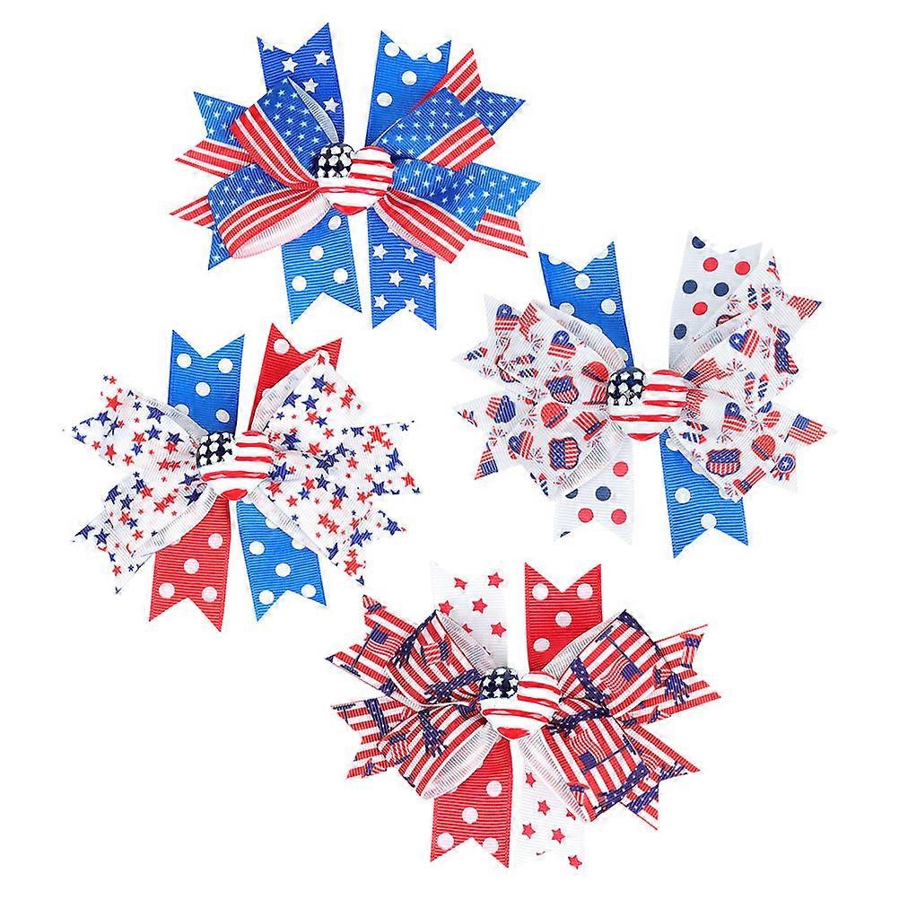Patriotic Hair Bow Clips for Kids with Assorted Colors Fabric and Metal Lightweight Durable 4 Pieces