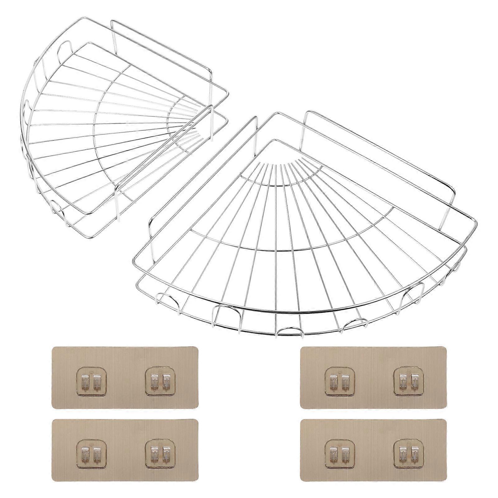 Bathroom Wall Shelf 2 Sets Triangle Design Punch-Free Storage Holders Sturdy Silver Racks