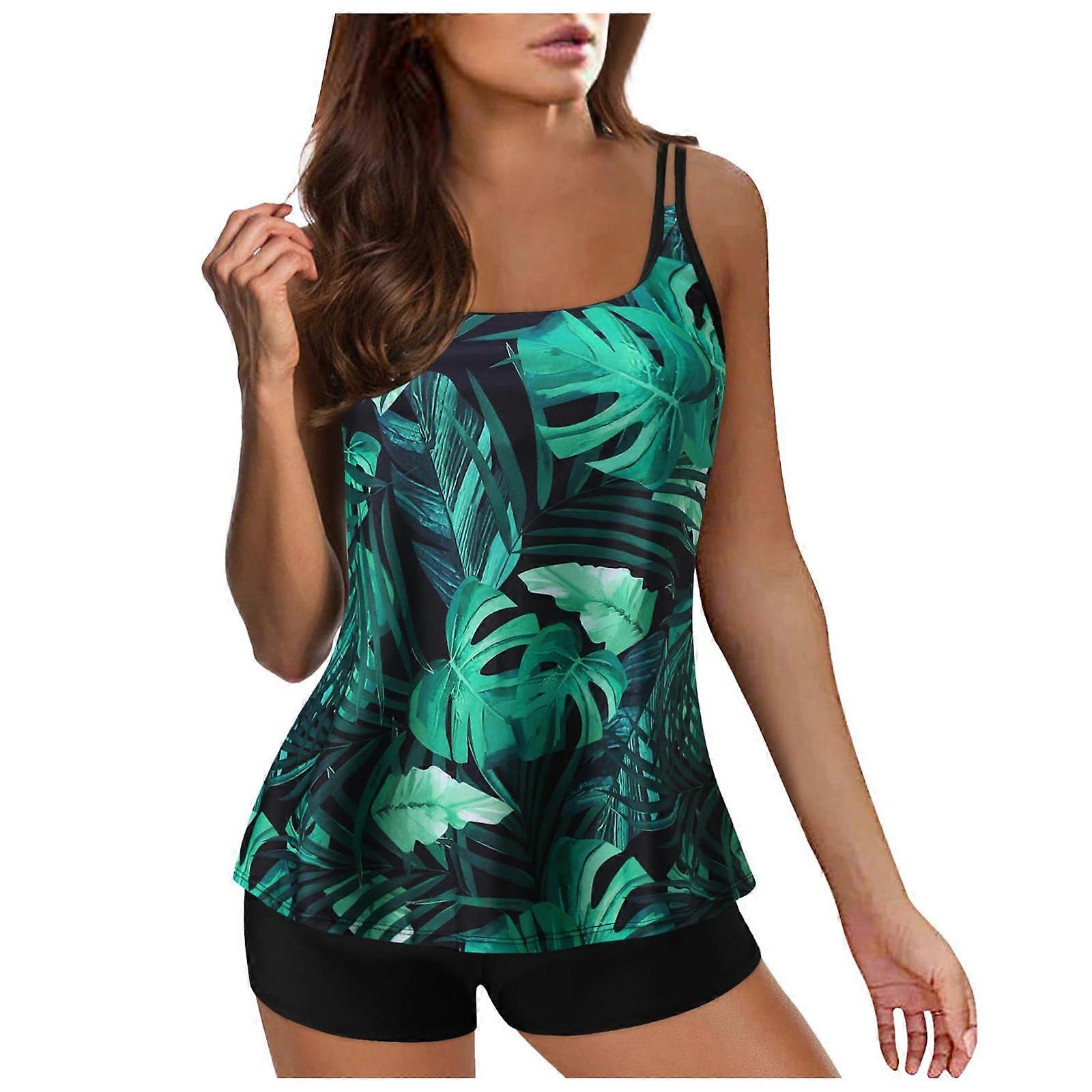 Tankini Damen Bauchweg 2024 Zweiteilig Bademode Set Push Up Oberteile Shorts Große Größen Grün XXL