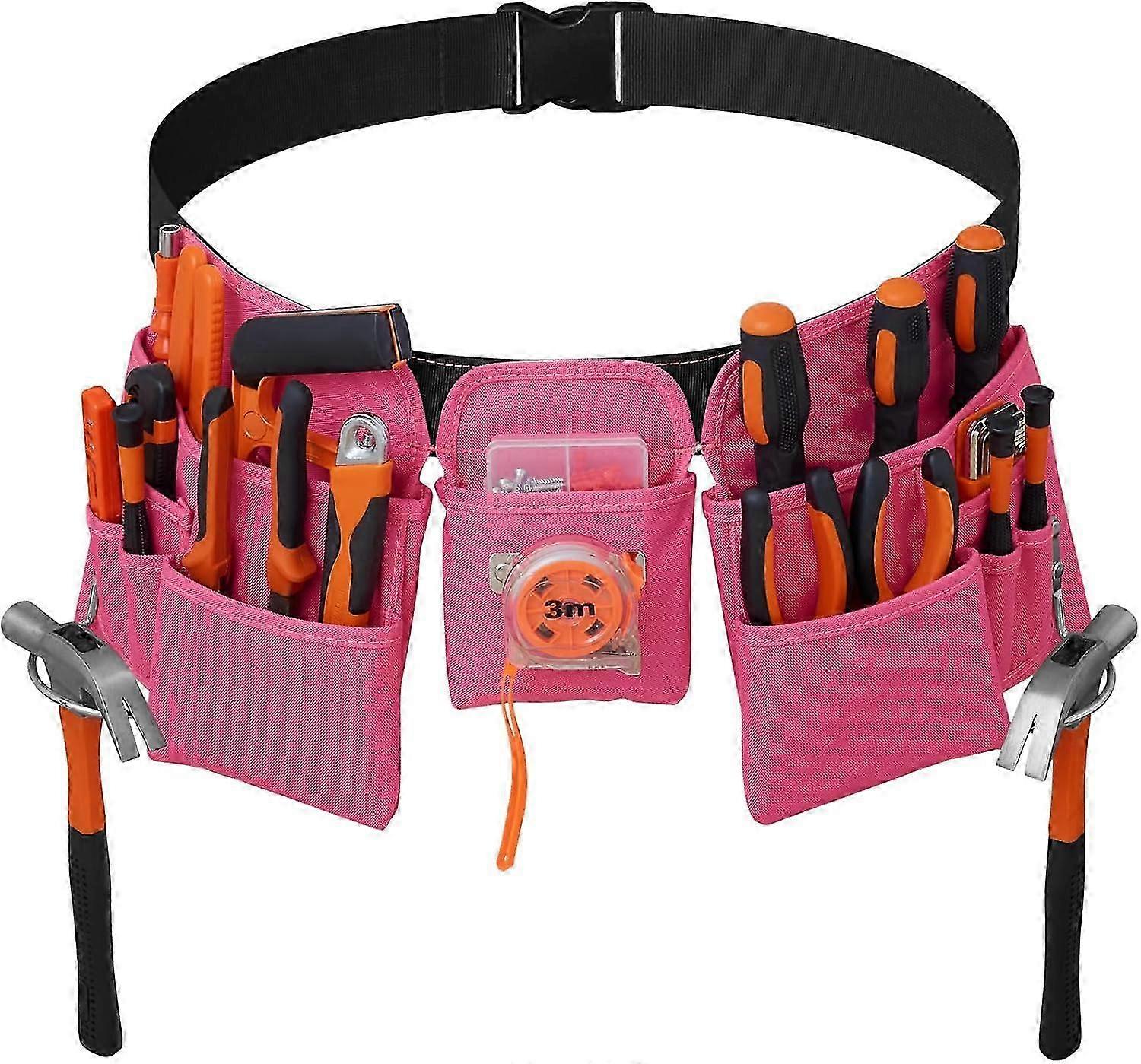 19 Pockets Tool Belt, DIY Adjustable Practical Belt, Tool Bag for Men, Pink (AAA)
