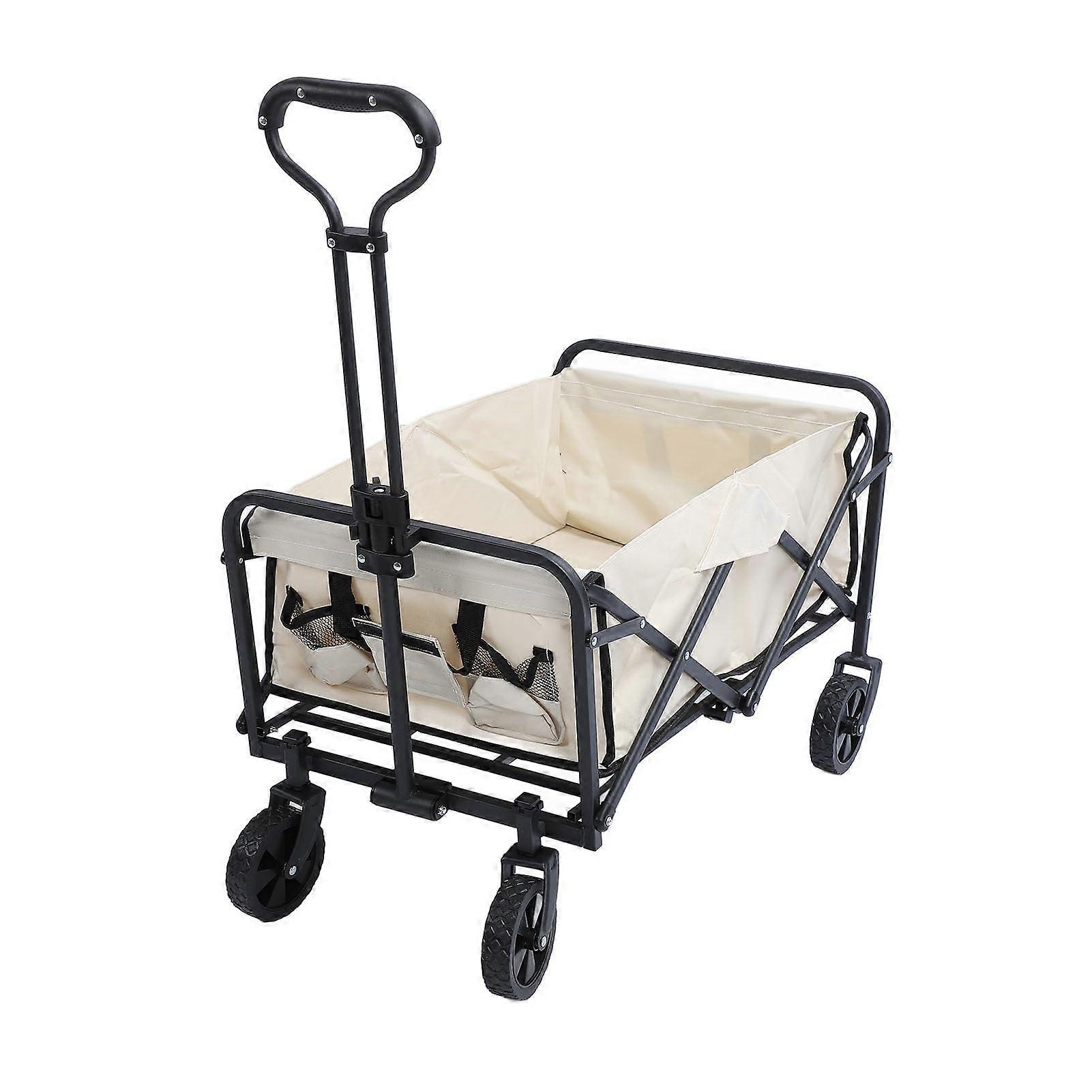 Foldable Trolley for Beach, 600D Oxford Fabric, Multi-Purpose Shopping Cart with Road Wheels for Camping and Outdoor Use, Beige