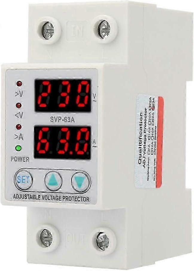 AC230V 63A Voltage Current Protector Over/Under Voltage Protection Device Dual LED Display Single Phase Low Voltage Protection DIN Rail Installation