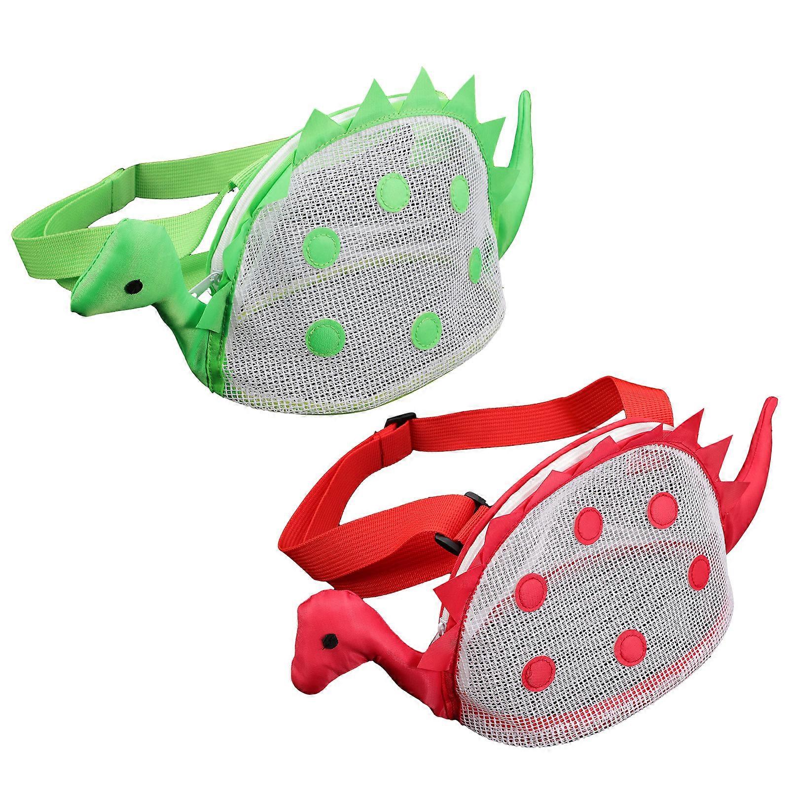 2 Pcs Cartoon Dinosaur Beach Bags, Lightweight Mesh Pouches for Storing Shells, Towels, Durable for Family Use
