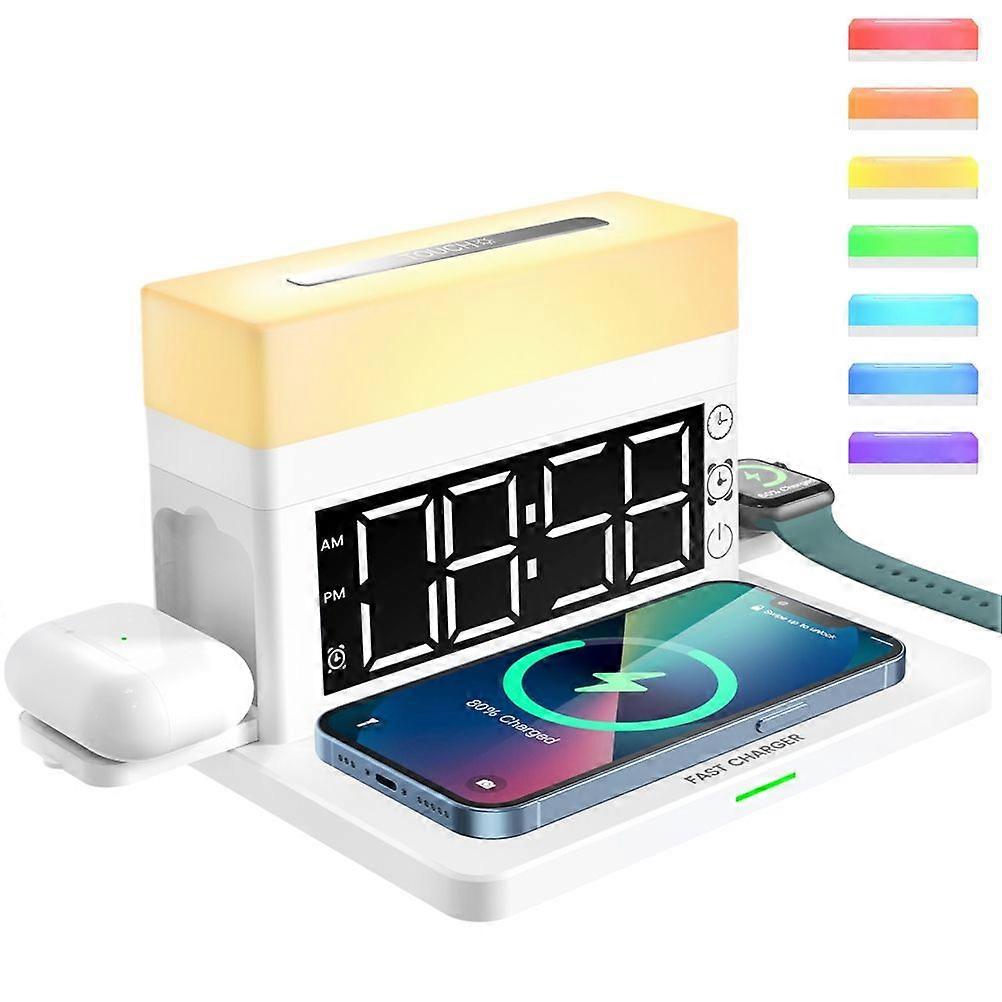 6 in 1 Wireless Charging Station with LED Night Light Digital Alarm Clock 18W Fast Charging Compatible for iPhone 13 12 11 Pro SE XS XR X 8Plus 8 Sams