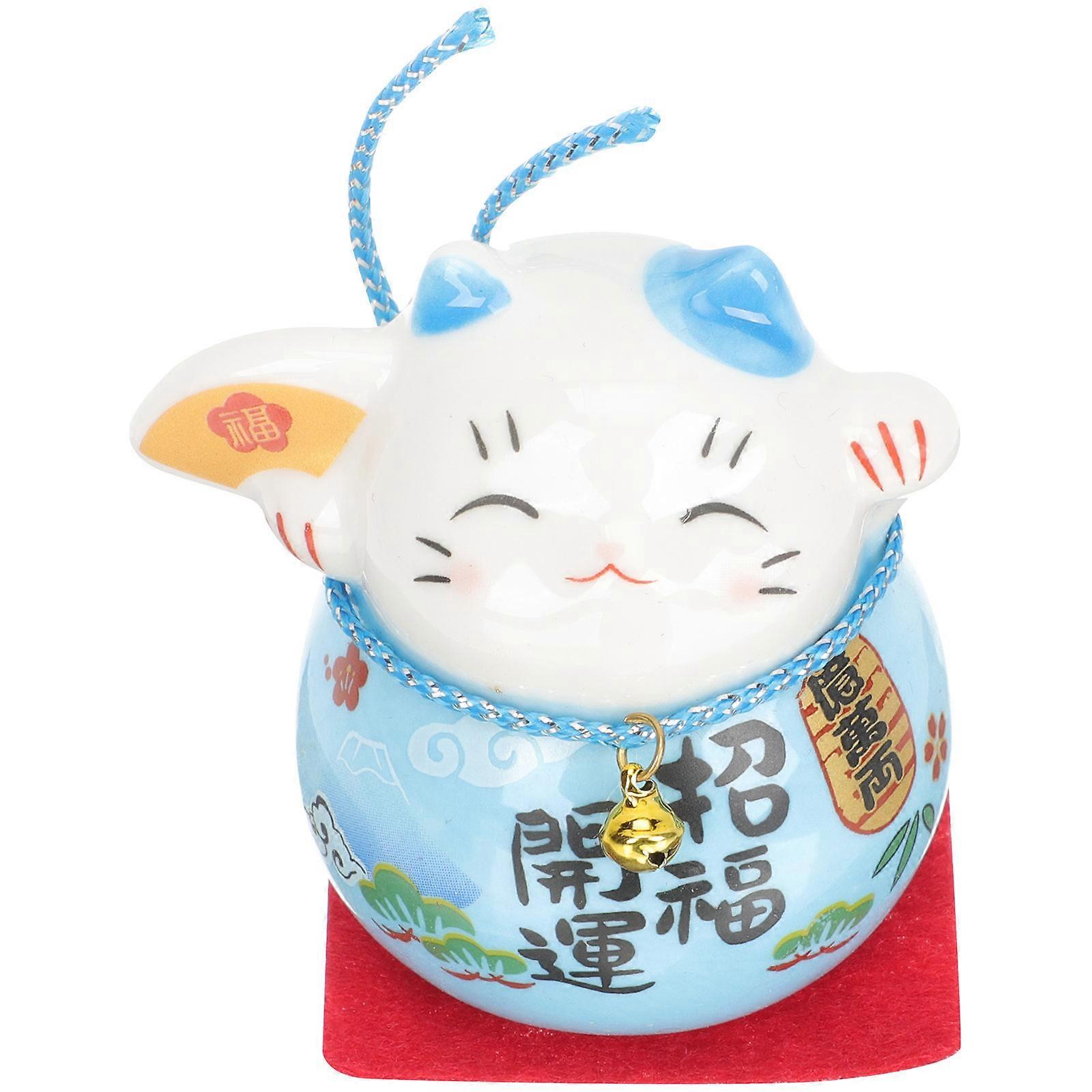 Fortune Cat Statue Ceramic Sculpture for Decoration 2Pcs Blue