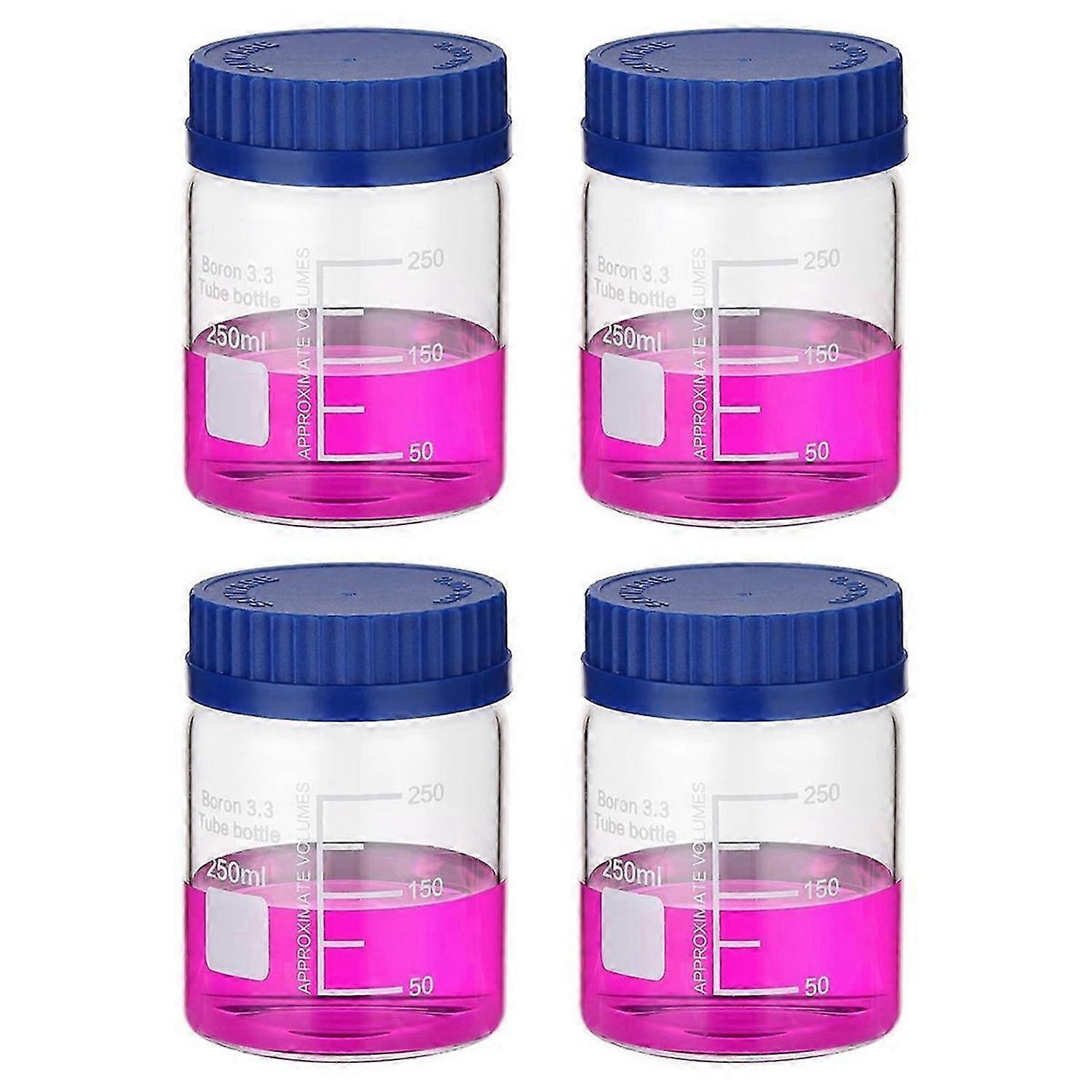 4 Pack Reagent Media Storage Bottles, 250ml Borosilicate Glass Wide Mouth Graduated Round Bottles wi