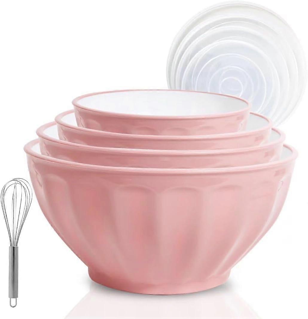 4-Piece Mixing Bowls with Lids Set, Microwave Safe Plastic Nesting Bowls with Egg Whisk for Kitchen, Baking, Cooking, Pink