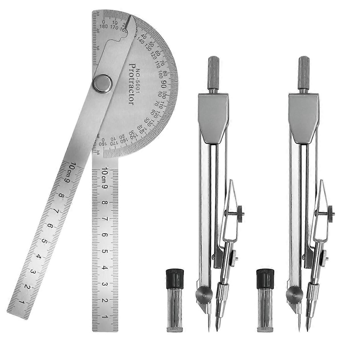 Protractor and Compass Set - 10cm (3.94 Inch) Stainless Steel Angle Finder with 2 Metal Compasses,