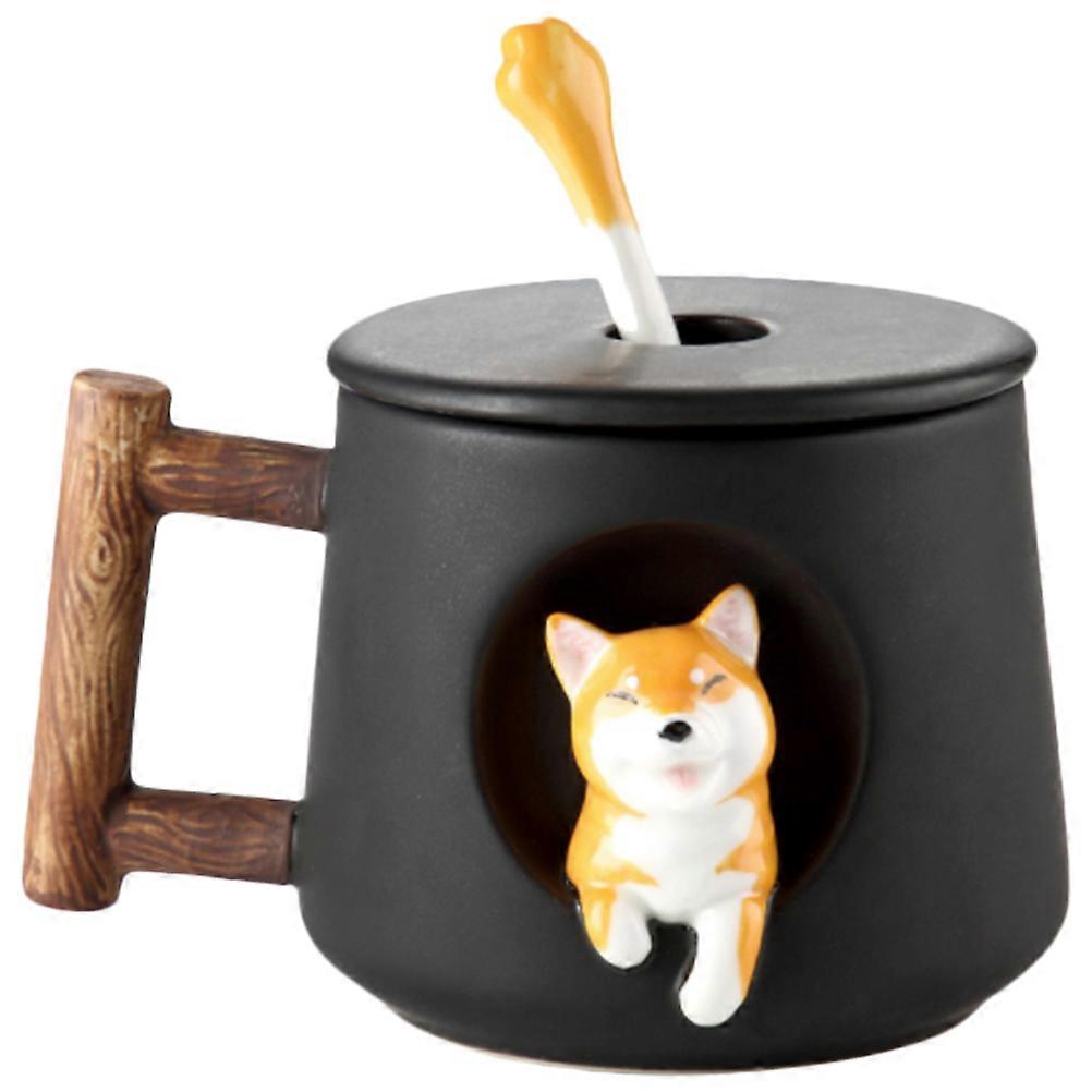 Ceramic Funny Design Dog Mug for Office Use with Lid and Spoon in Black Color 1Pcs