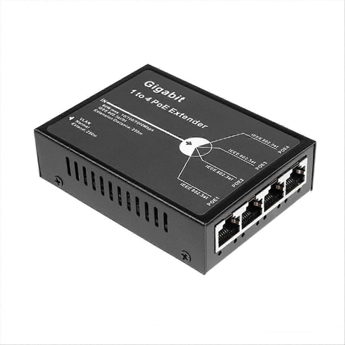 Gigabit 4 Port 60W PoE Extender, 1000Mbps 1 in 4 Out PoE+ Repeater with 3 Mode Available, 60W 802.3B
