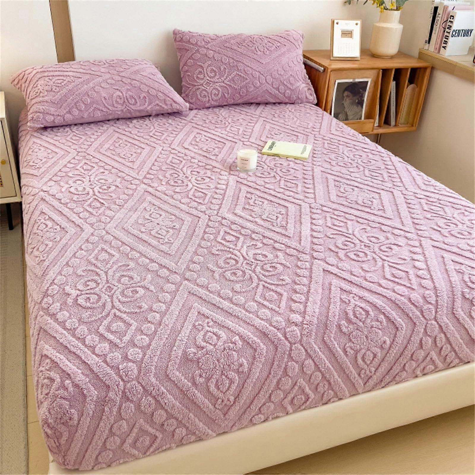 Plush Fitted Sheet with Deep Pocket Elastic, European Jacquard Bed Cover for Single Double King, Purple 180x200+25cm