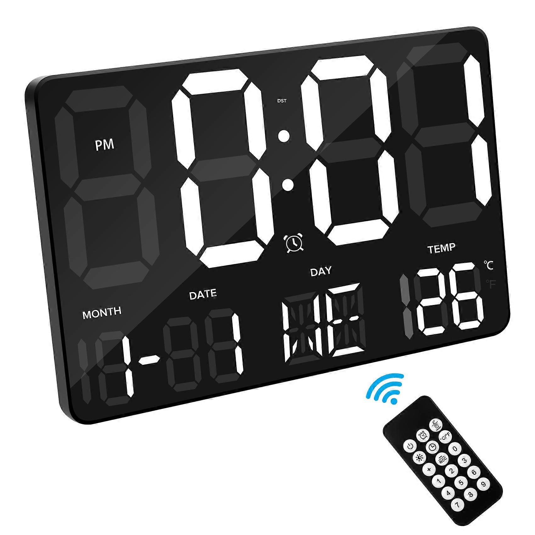 Digital Wall Clock Large Display Alarm Clock with Wireless Remote Control LED Wall Clock with Date and Temperature-B