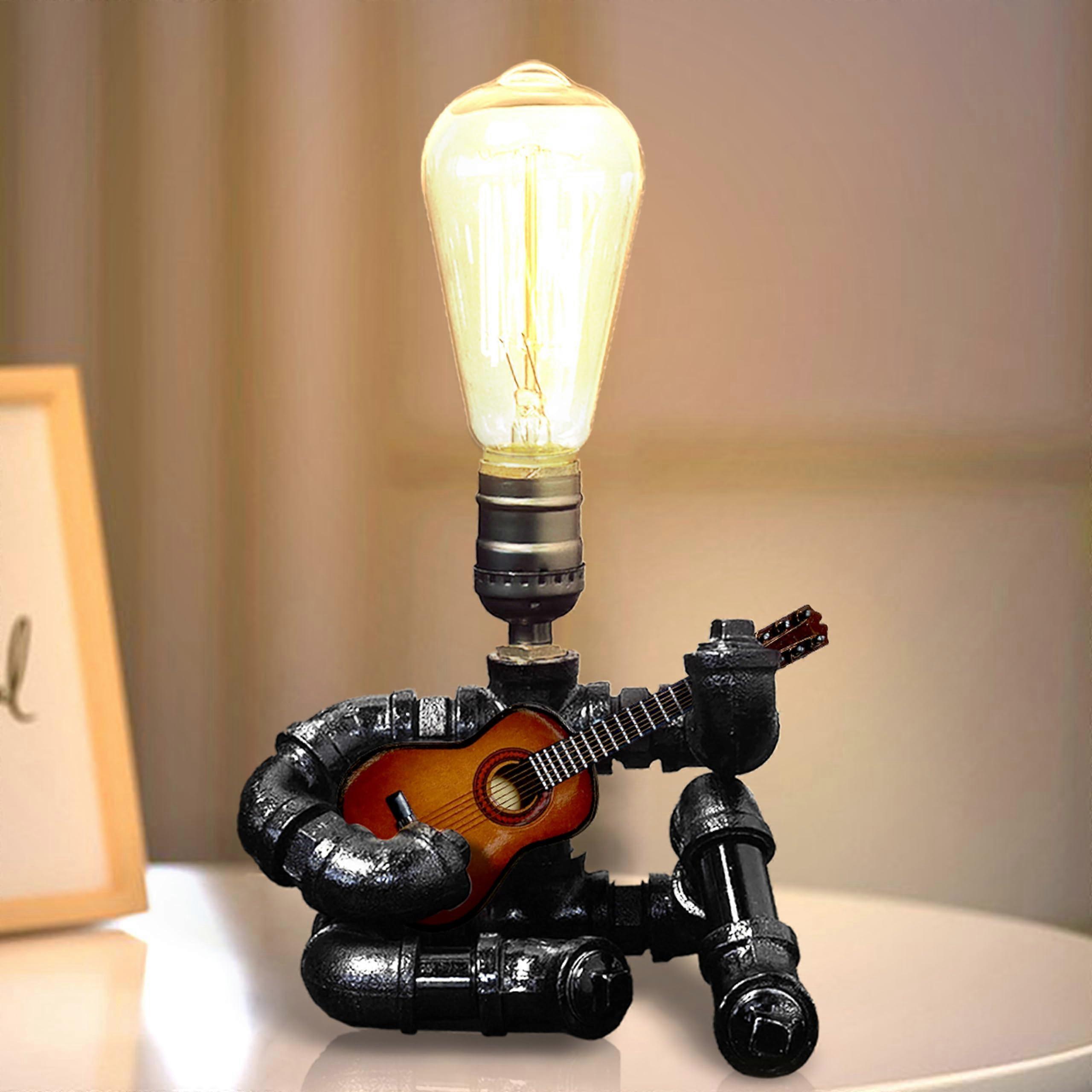 Steampunk Guitar Table Lamp with Edison Bulb, Industrial Pipe Design for Music Lovers, Brown