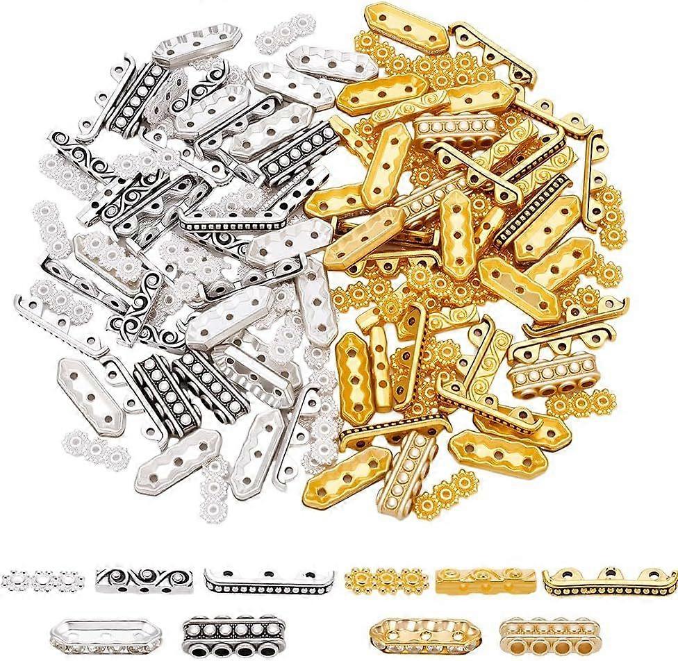 150Pcs Retro Rectangle Spacer Bar Metal Beads 5 Style Alloy Rhinestone Spacers 3 4 Hole Tibetan Multi Strand Separator Link Connectors End for DIY Bra