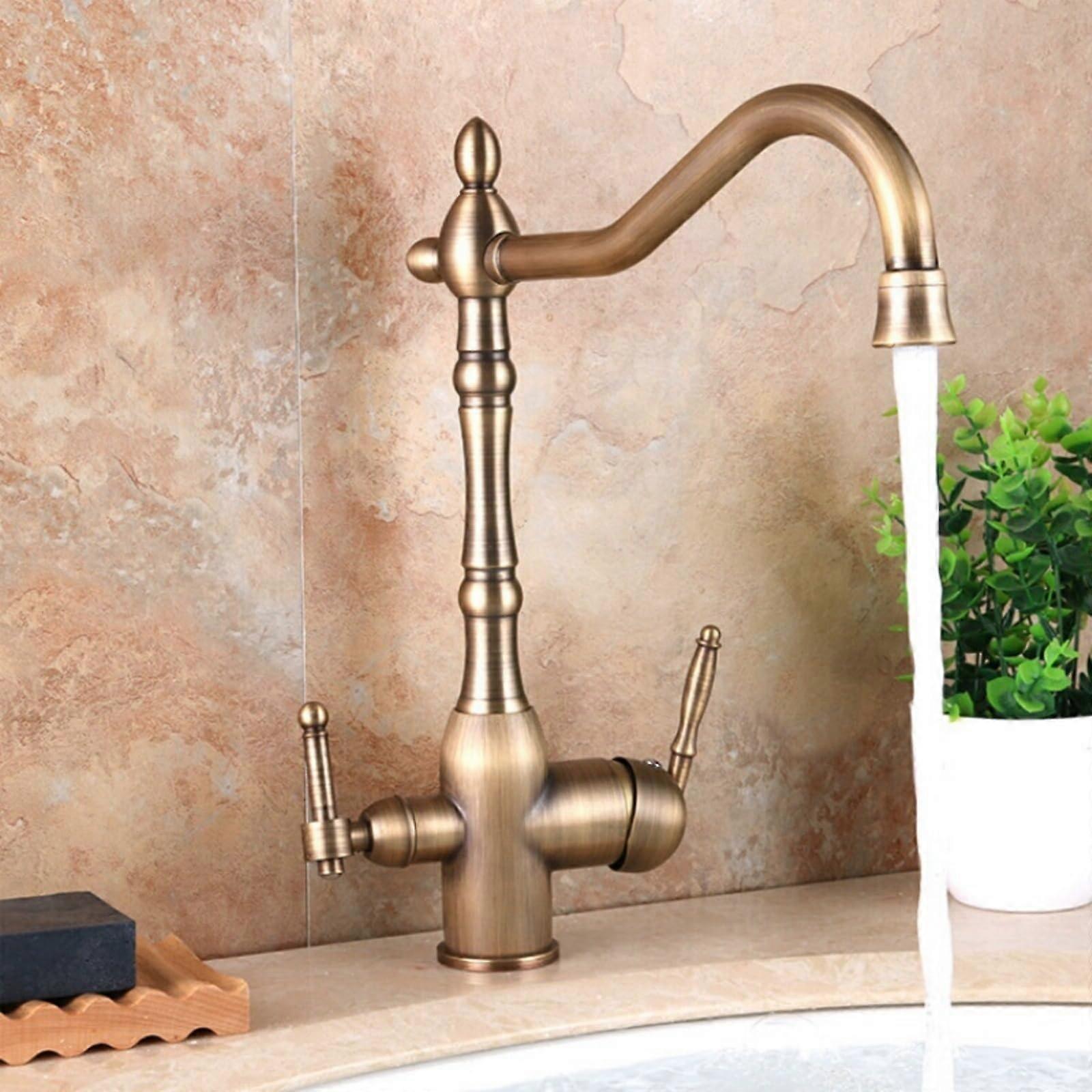 Antique 3 Way Kitchen Mixer Tap with Water Filter, 3 in 1 Function, 360° Swivel Dual Handle
