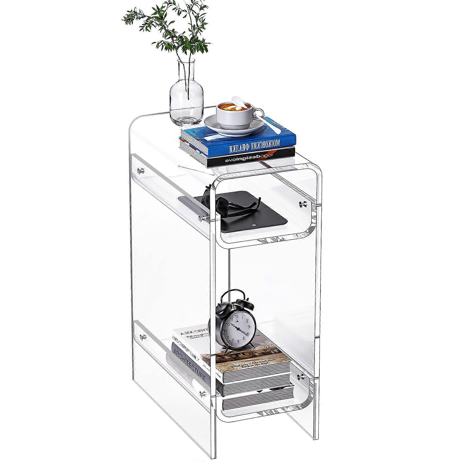 Clear Acrylic Narrow Side Table with Storage, Slim End Table for Small Spaces