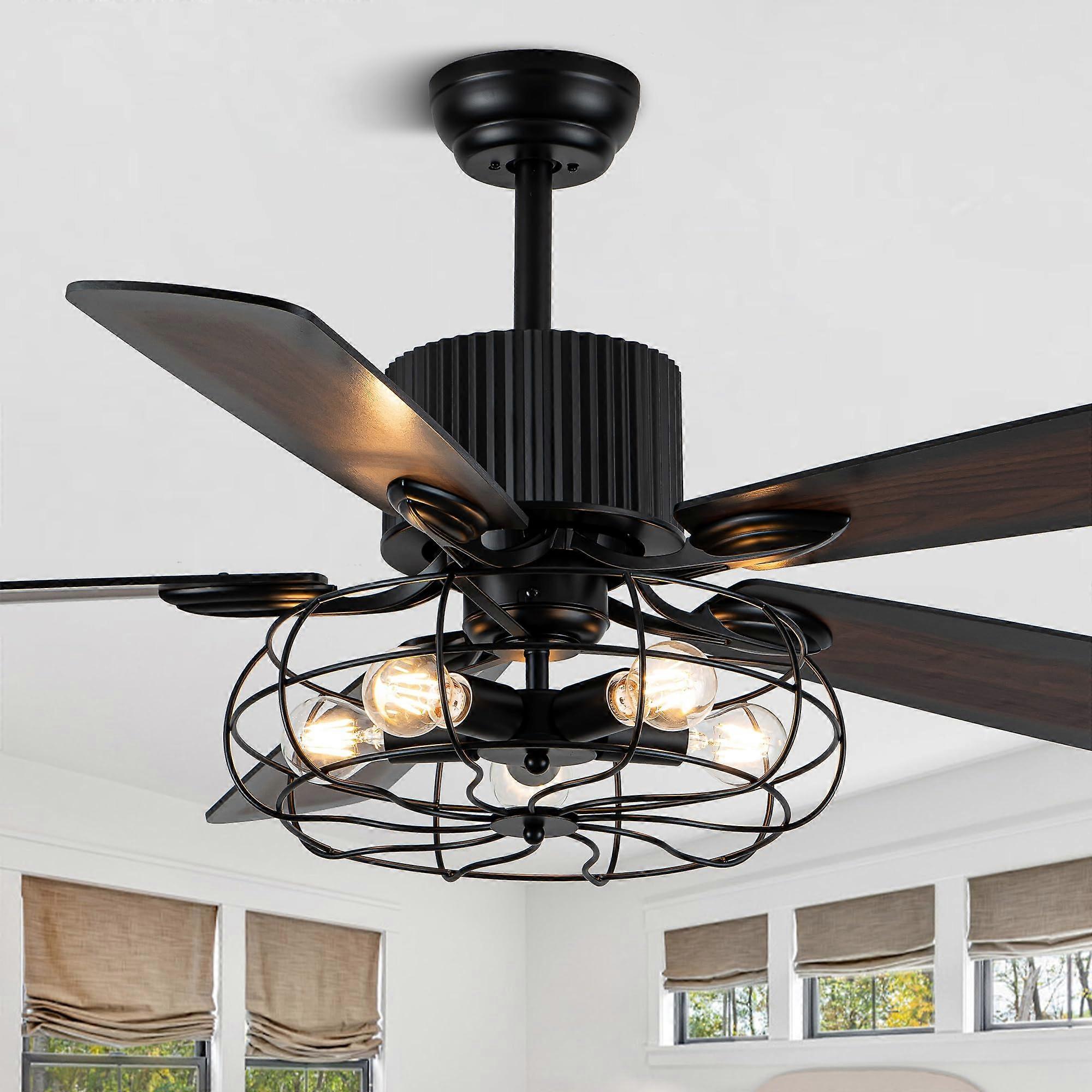 52 Inch Farmhouse Ceiling Fan with Lights and Remote, Rustic Caged Design, Reversible Blades