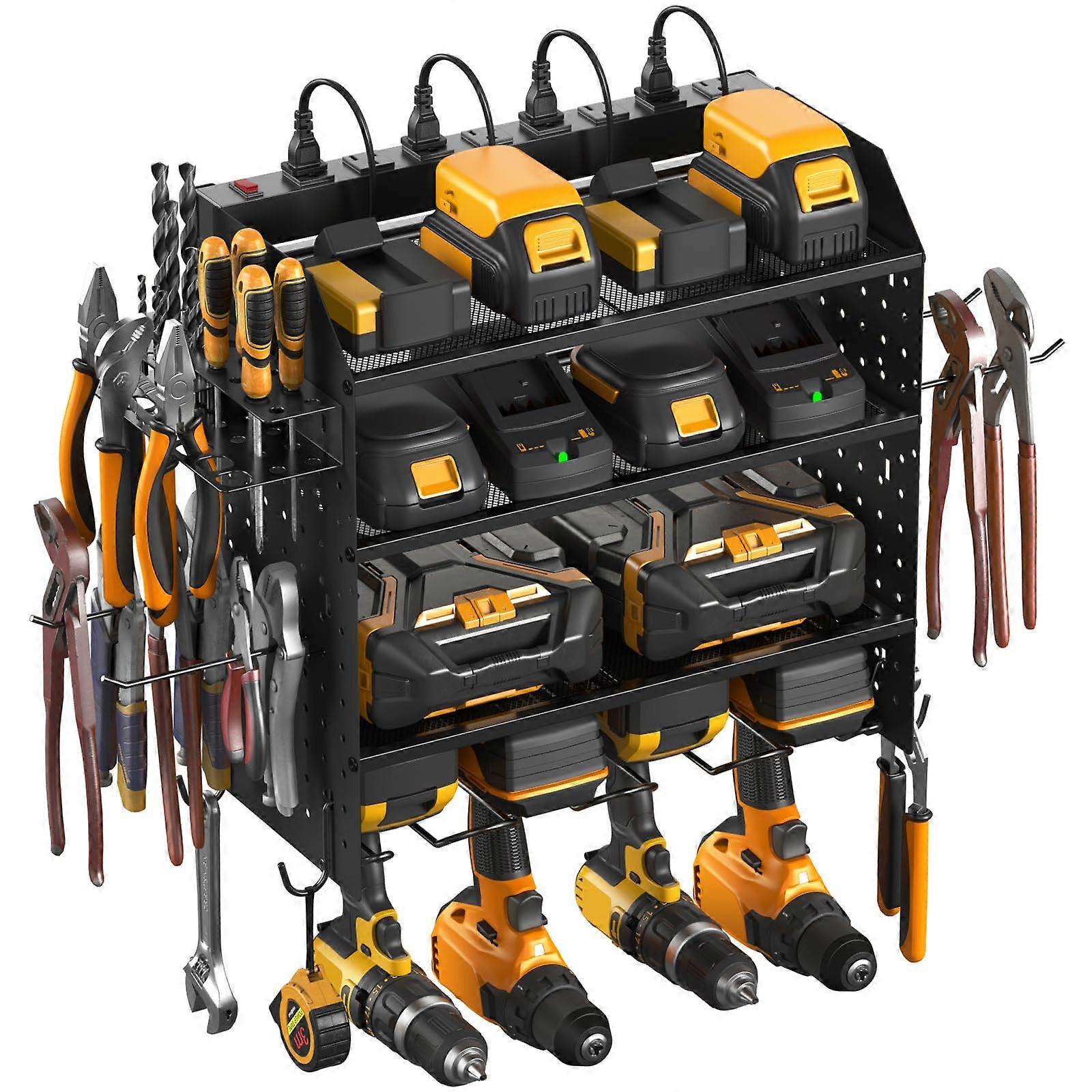Power Tool Organizer Wall Mount with 8Outlet Charging Station and Pegboard Hooks, 4Layer Shelf