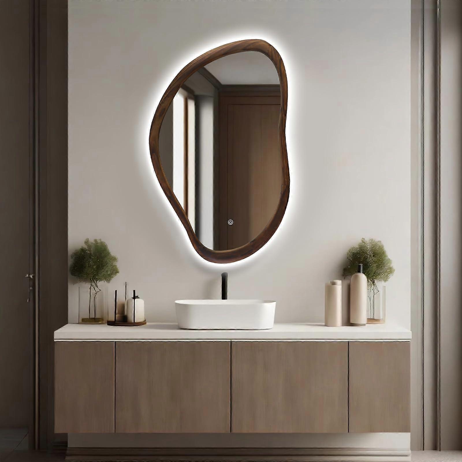 Irregular Wood LED Bathroom Mirror with AntiFog Dimmable Lighting and Memory, 35'x24' Walnut