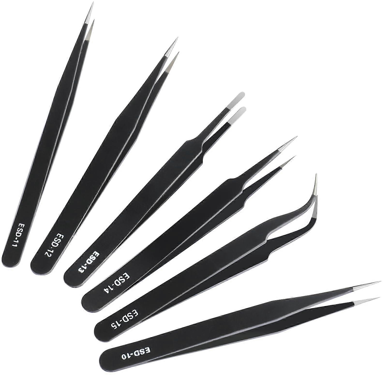 6 Pcs ESD Tweezers Set with AntiStatic Precision Tips for Electronics, Jewelry and Lab Work