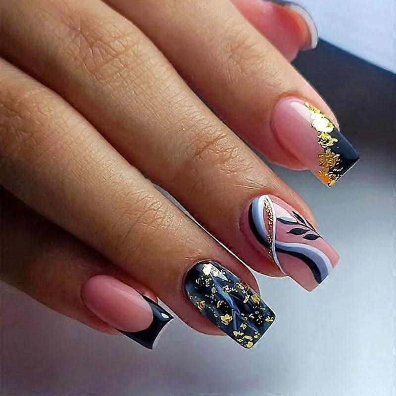 French Black Press on Nails Medium Square Wave Leaf Design with Complete Manicure Kit 24Pcs