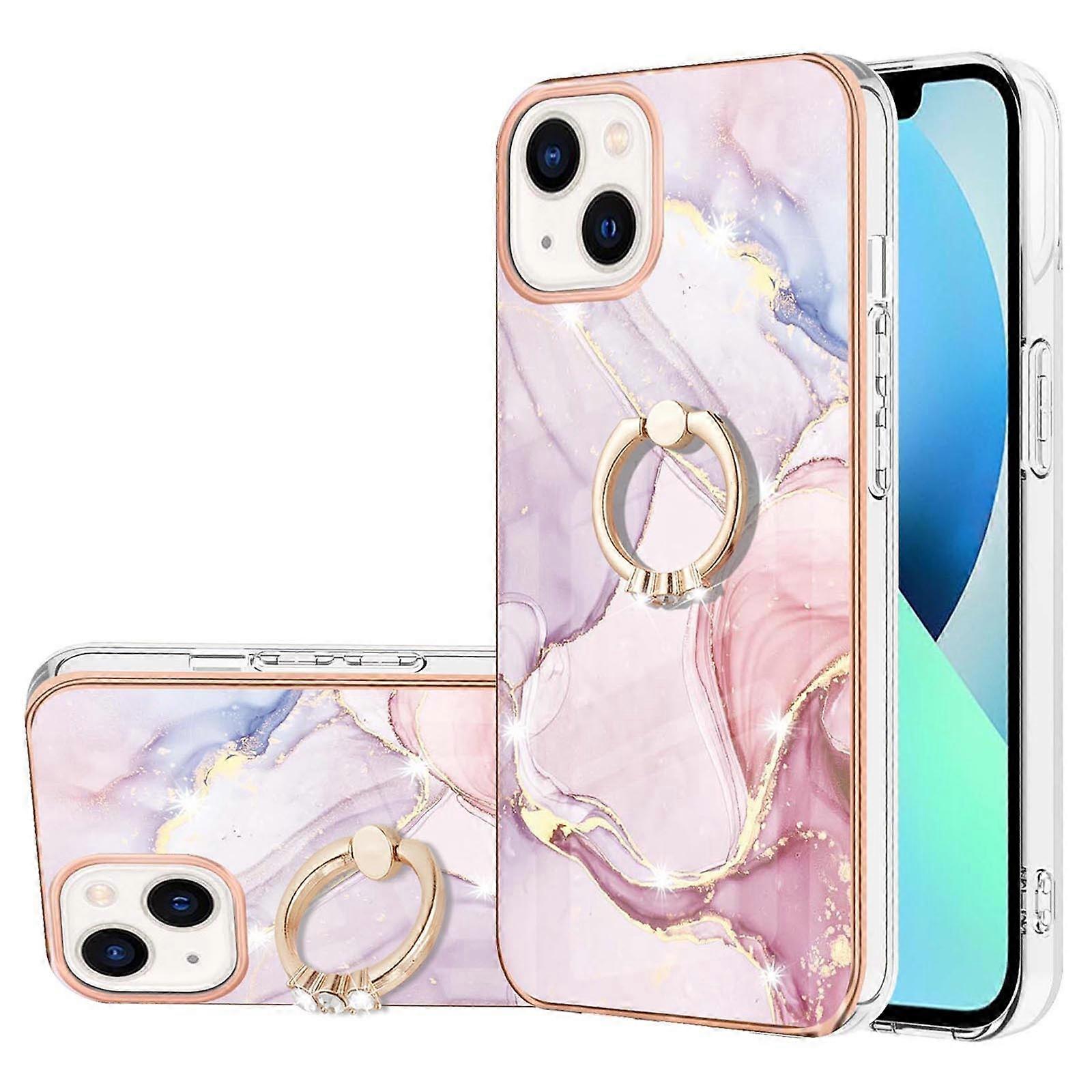 For iPhone 15 Case with Ring Kickstand Marble Pattern Electroplating TPU Back Cover
