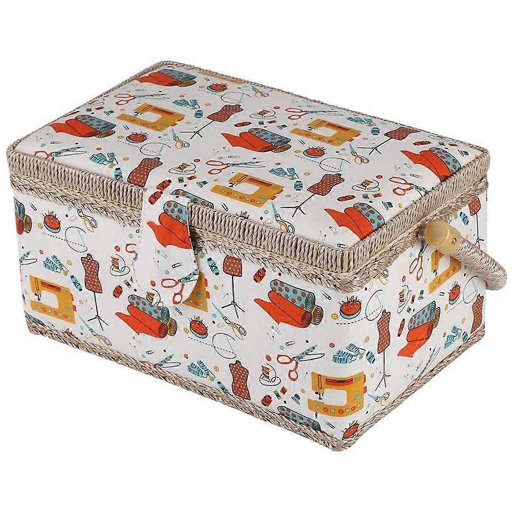 Sewing Basket with Handle and Compartments, Rustic Fabric Storage Box for Crafts and Tools