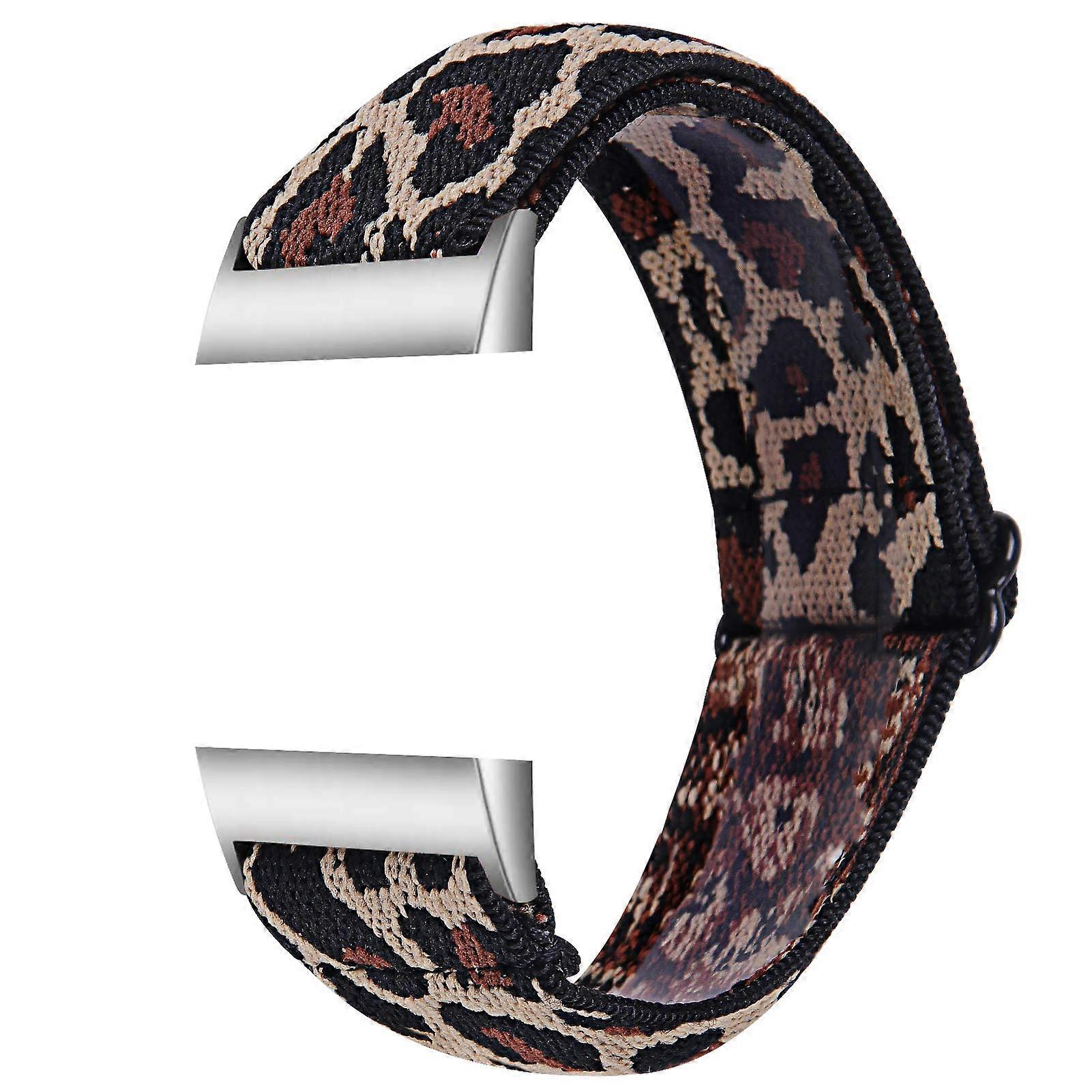 Adjustable Breathable Stretchy Leopard Loop Nylon Strap Brown for Fitbit Charge 4 and 3