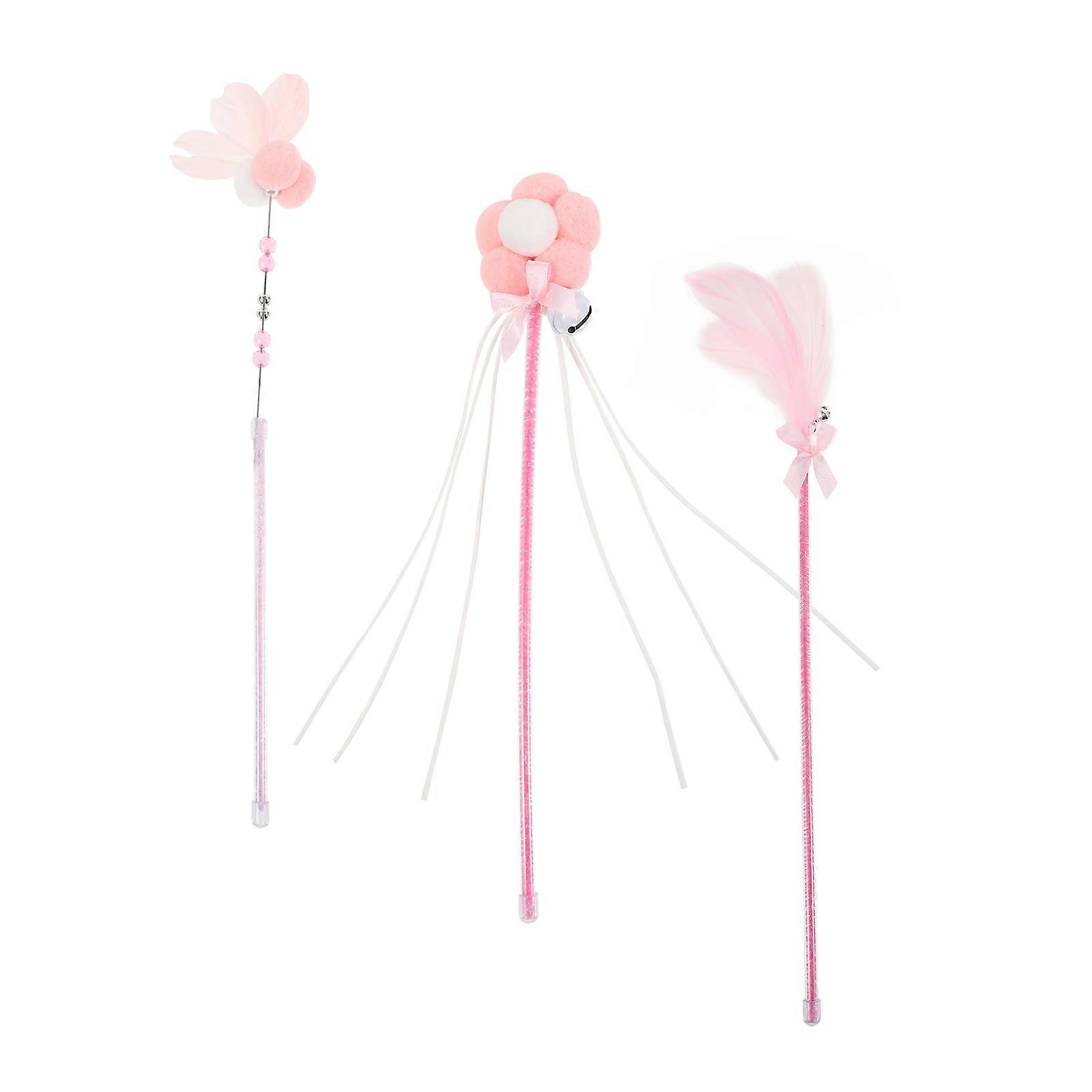 Cat Feather Stick Interactive Plaything for Pet Playing 3Pcs Pink Set