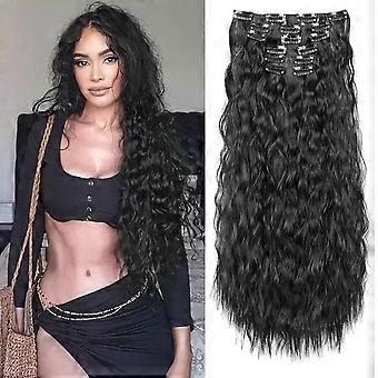 Extensions de cheveux à clips, 6 pièces, longues ondulations sirène, cheveux synthétiques ondulés à clipser pour femmes, 61 cm (noir naturel)