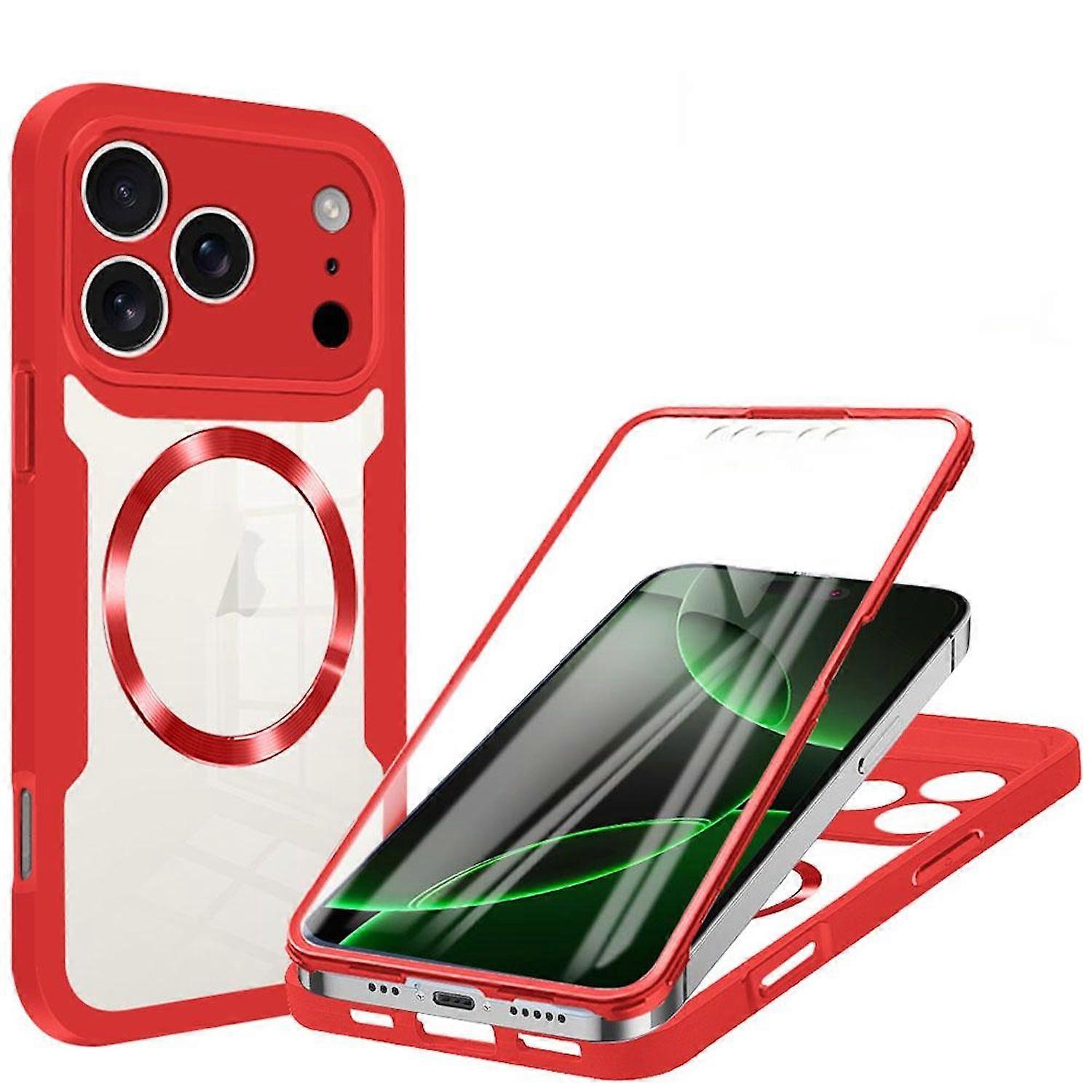 For Apple iPhone 17 Pro Max MagSafe Ring Full Body 360 Degree Acrylic TPU Case Red