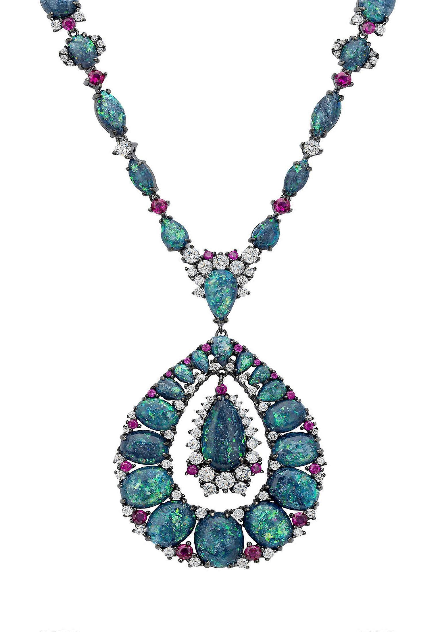 Paloma Green Opal Statement Necklace Silver Oxidised by Latelita for Women - 40cm
