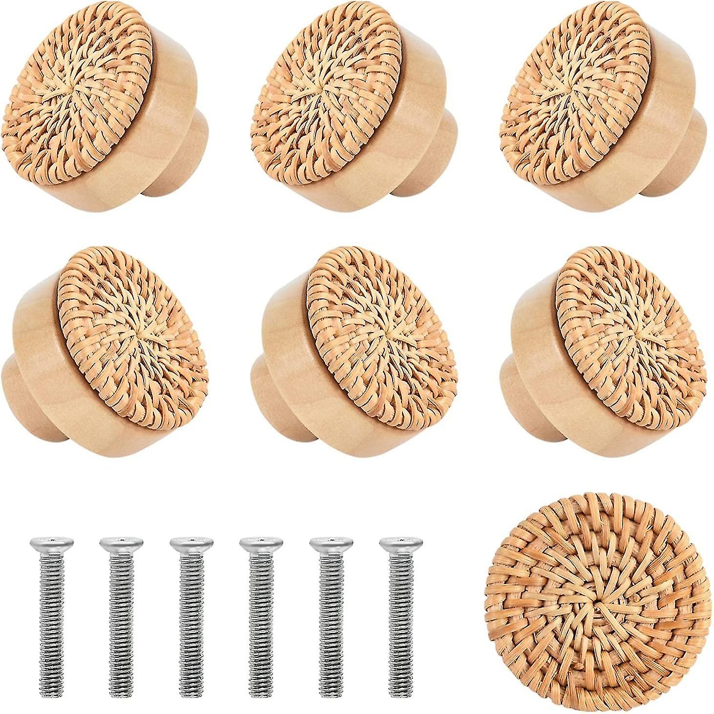 6pcs Rattan Rattan Chip Woven Round Pie Wooden Handle Handle Cabinet Door