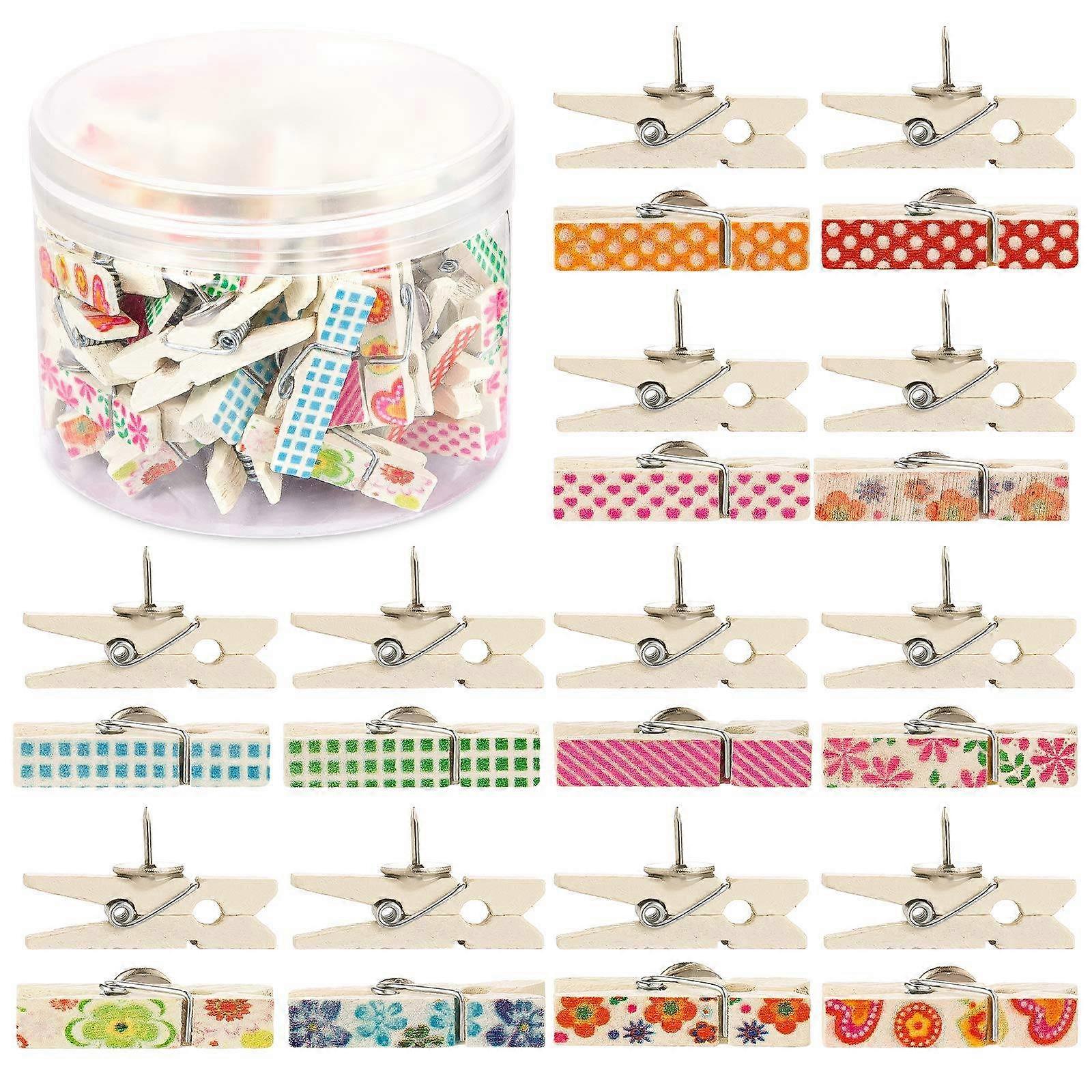 Push Pins with Wooden Clips, 50Pcs Thumbtacks Pushpins Paper Clips Clothespins for Cork Boards Note